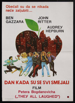 a movie poster with an apple shaped heart with a city skyline and people standing in a row in the foreground