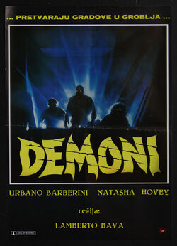 a movie poster with silhouetted backlit creatures walking in a corridor