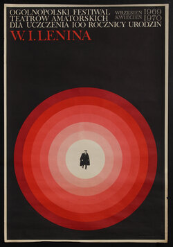poster with a figure within concentric red circles against a black background.
