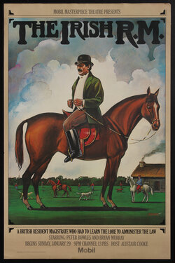 a poster with of sitting backward on a horse