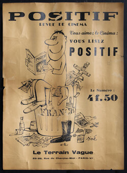 poster illustration depicting a person reading the magazine while sitting in a trash can full of newspapers, including a crucifix and papers labeled 
