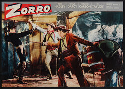 a movie poster of a man with a mask sword-fighting two other men