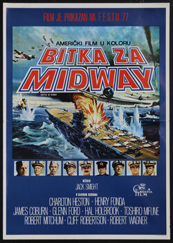movie poster with an aircraft carrier and ship battle at sea