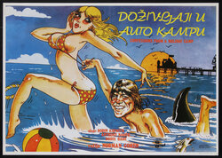 a movie poster with a cartoon of a man swimming while tugging at the bikini strap of a woman running in the water