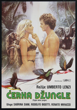 a movie poster of a woman and man scantily clad in the jungle facing each other with the man touching the woman's chin