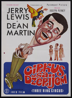 a poster of a circus show with a caricature of a man in a cannon with a parrot