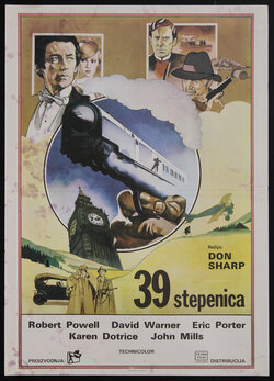 a poster of a train doubling as  the barrel of a gun that is held by a hand, and a clock tower, and some people