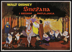 a poster with a cartoon of snow white and the seven dwarfs