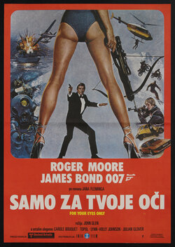 a movie poster of a man pointing a gun at woman in a bikini bottom and heels in the foreground who is shown only from the waist down in a wide-legged stance holding a crossbow at her side