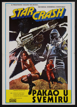 a movie poster with scantily woman holding a gun in space with a man holding a sword and a giant robot behind her