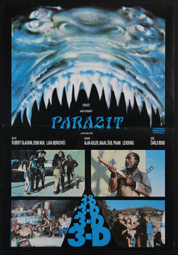 a movie poster with a monster with sharp teeth and films scenes