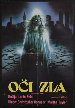 a movie poster of a female ghost with a snake in her belly and a city skyline in the background