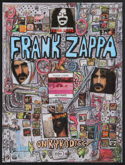 poster with illustrations and a collage of album covers