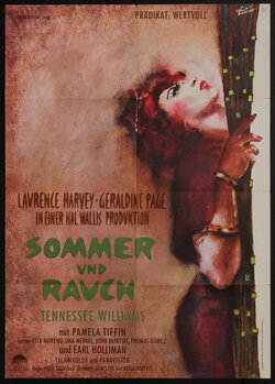 a movie poster of a woman looking up while clutching a beaded curtain