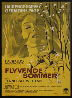 a movie poster with abstract illustration of a woman holding her hands up and a man and woman in bed