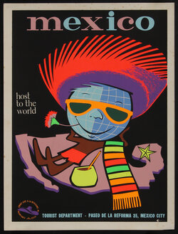 poster with an anthropomorphic world globe with sunglasses and a straw hat