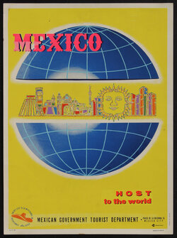 poster with a globe and a row of buildings and a sun