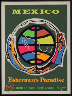 a poster with a man catching a fish on the end of a fishing pole line with a globe between him and the fish