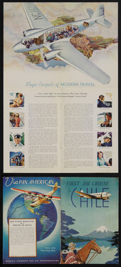 poster with a plane and a book cover with a plane over a globe and a plane over a mountain