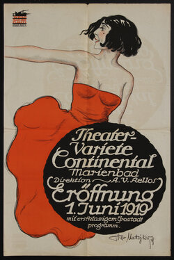 a poster with a woman in a red dress looking sideways
