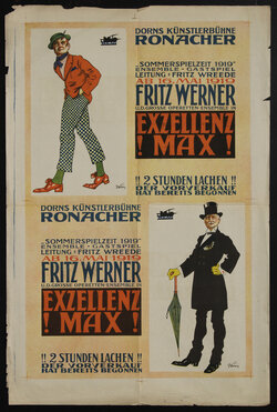 a poster with a man in checkered pants and a man in a black suit