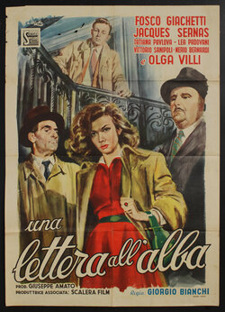 a poster of a woman two men at the bottom of stairs with a  young man looking from the top of the stair railing