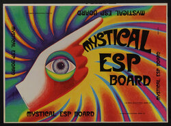 a poster with psychedelic swirls and and eye in a hand pointing