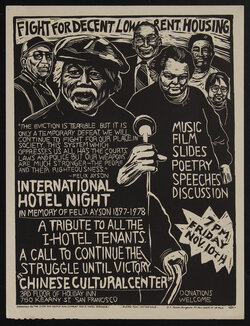 a poster with protestors in front of a microphone