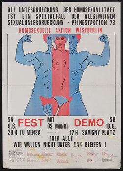 poster with a drawing of a woman's body in the center of a man's body that is split in half