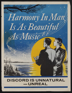 poster with a man and woman looking at a full moon over a lake and night sky