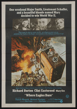 a poster of people shooting guns on a moving cable tram above mountains with a castle on fire in the background