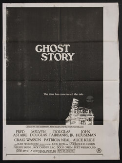 a poster with a haunted house and a full moon