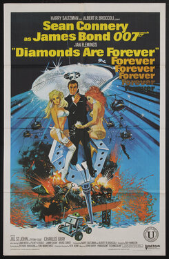 a movie poster of a man in tuxedo holding a gun and two bikini clad women riding on giant metal claw held up by a rod with a sparkling space ship behind and explosions below and helicopters in the background