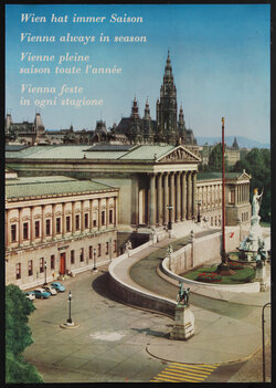 a poster of a city with a building with columns, a long driveway, and cathedral 