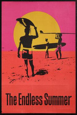a poster of a man holding surfboards