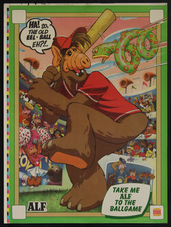 poster that depicts ALF playing baseball with a green, spotted eel-ball.