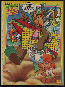 poster that depicts ALF walking into a hole on the beach loaded up with beach gear