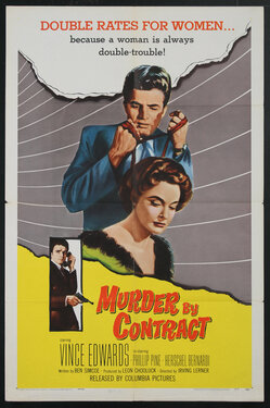 a movie poster of a man making a garrote out of a neck tie and holding it over a woman