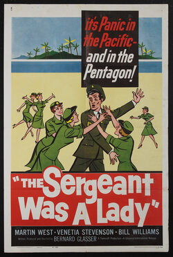 a poster of a movie with cartoon drawings of a man in uniform surrounded by women in uniforms