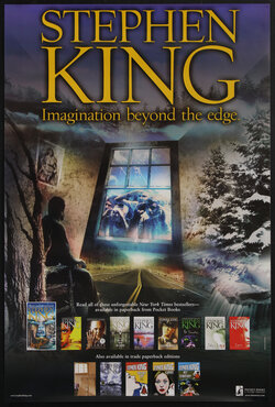 poster with a person looking out a surreal window and books