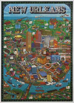 a poster of cartoon rendering of people in a lively town