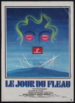 movie poster with a surreal face in the sky made up of lips for eyes and a film strip for a mouth with Hollywood spotlights below