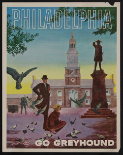a poster of a couple in a town square with pigeons and a building in the background