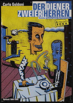 poster with a surreal image of a man server a diner at a table