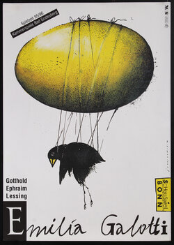 poster with a surreal image of a bird tied up to a floating egg