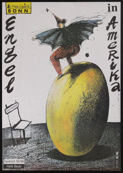 poster with a surreal image of a man with wings on a giant egg