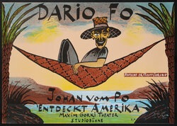 poster with a man winking one eye while in a hammock tied to two palm trees