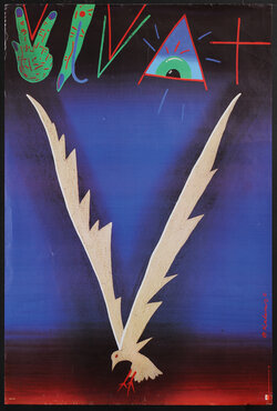 poster with a stylized bird with wings forming a V, a green hand gesturing the V sign, and a stylized eye within a triangle.