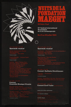 poster with a black and white spiraling graphic and red and white text on black background