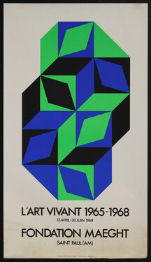 poster with op art abstract artwork made up of blue, green, and black shapes